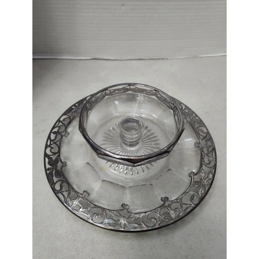 Sterling Silver Overlay Tiered Tray Cut Crystal Star Bottom Ornate Heisey Clear